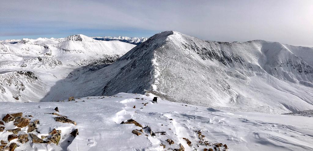 Ascending Mount Democrat in January of 2021, Mount Cameron in the background.