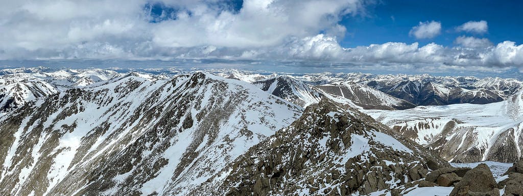 On the summit of Mount Shavano, looking at the traverse over to Tabeguache Peak.